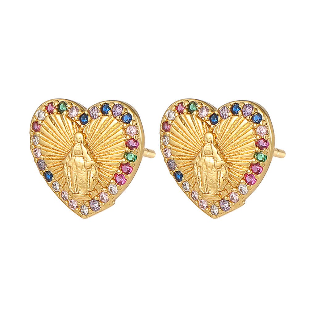 Wholesale Copper Micropaved Zircon Virgin Mary Heart Earrings